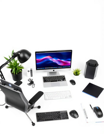 3D Illustration of a modern workspace, computer, mouse, keyboard, mouse, and plant on a white...
