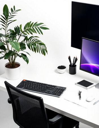 Modern white office desk with computer, stationery, coffee cup and plant.