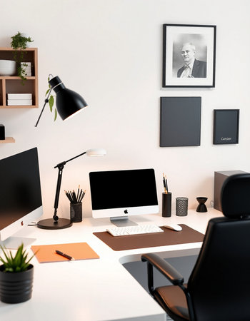 workplace with computer, lamp and stationery, interior design concept