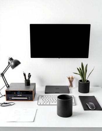 Modern home office workspace with computer, keyboard, mouse, coffee cup and other items. 3d render