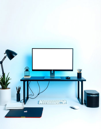Modern workspace with computer, stationery and other items. 3d render