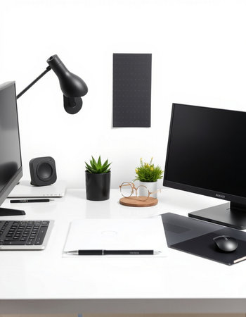 workplace with computer, lamp, stationery and plant on white background