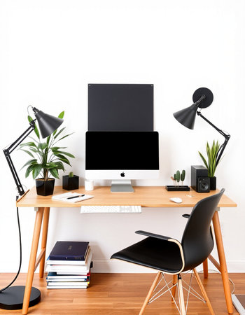 Workplace with modern computer, lamp, books and plant on wooden desk
