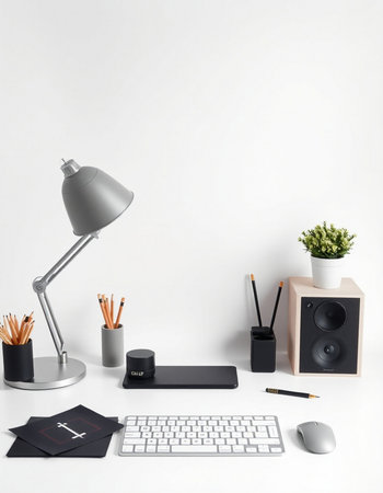 Modern workspace with computer, keyboard, mouse, speakers and coffee cup on white background