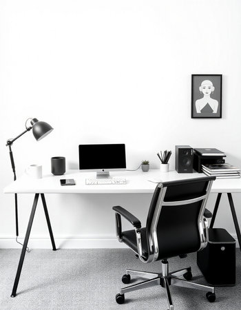 Interior of modern office. Workplace with computer and black chair