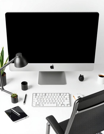 Modern workplace with computer, keyboard, mouse, notebook and coffee cup on white background