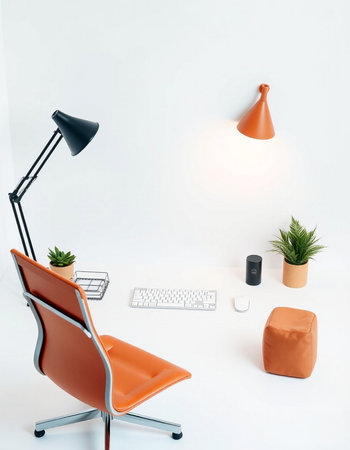 Modern office interior with orange armchair, computer and plant. 3d render