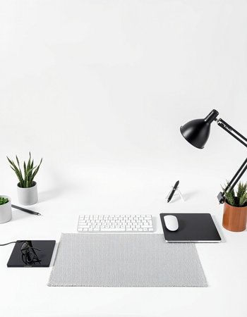 workplace with computer, lamp, notebook and plant isolated on whiteの写真素材