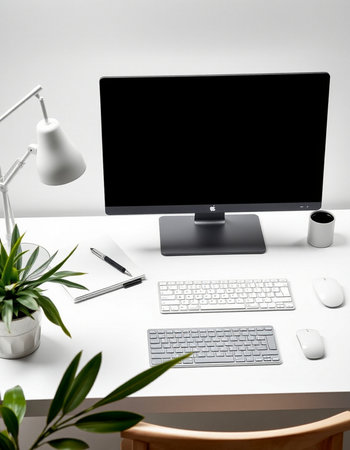 Modern workspace with computer, keyboard, mouse and other supplies on white desk.の写真素材
