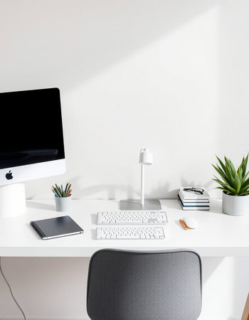 workplace with computer, keyboard, mouse, lamp, notebook and plantの写真素材
