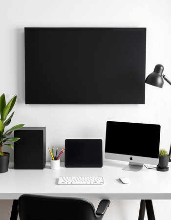 Modern workspace with blank screen monitor, laptop and other items. Mock up, 3D Rendering