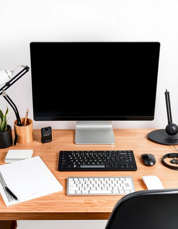 Modern workplace with computer, keyboard, mouse, pencils and other items