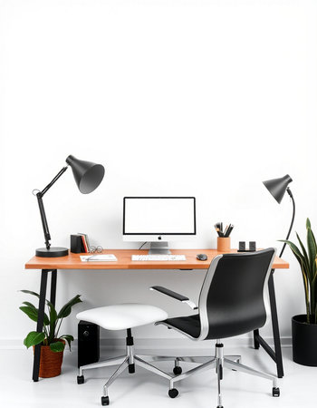 Workplace in modern office. Workplace with computer on the table. 3D rendering.