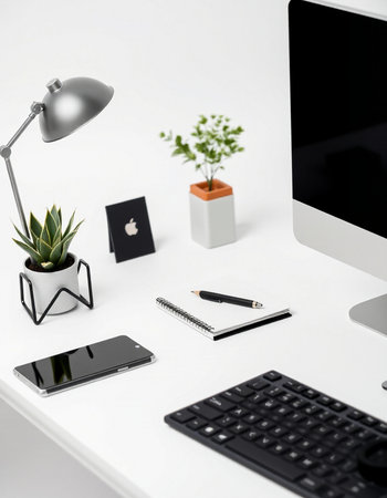 Modern workspace with computer, smartphone and office supplies on white desk.の写真素材