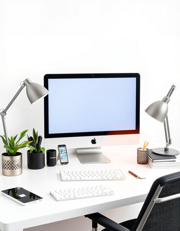 workplace with computer, lamp, keyboard and mobile phone on white table
