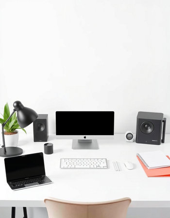 Modern workspace with computer, supplies and decorations on white desk. 3D Rendering