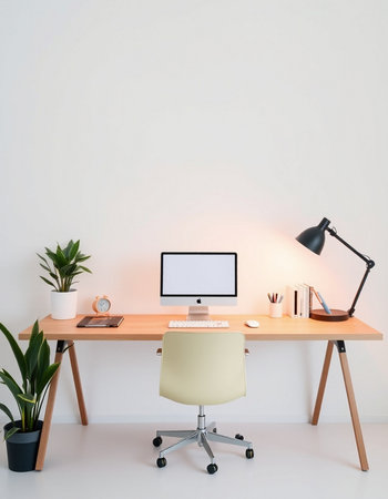 workplace with computer, lamp and plant on the white wall background