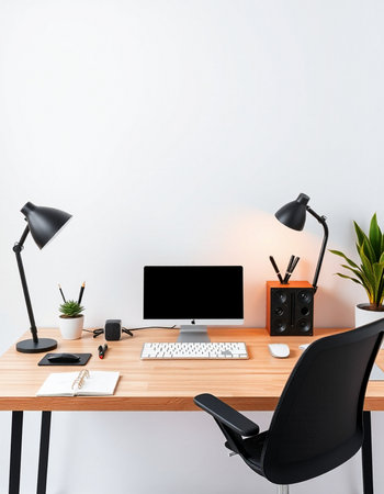 Modern workspace with computer, supplies and decorations. Mock up, 3D Rendering