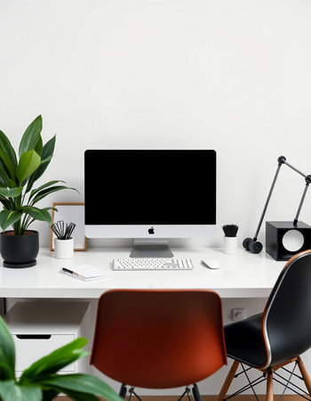 Minimalistic workspace with computer, keyboard, stationery and plants. Mock up, 3D Rendering