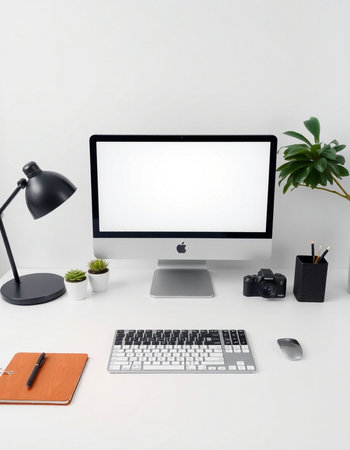 Modern workplace with computer, keyboard, mouse, camera and notebook on white background