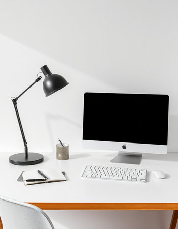 Modern workplace with computer, lamp and stationery. 3d render