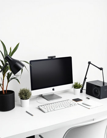 workplace with computer, keyboard, mouse, lamp, plant and accessories