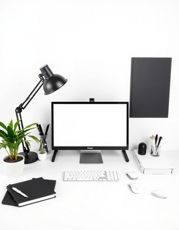 Modern workspace with blank screen computer, stationery and copy space on white background.