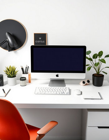 3d render of modern workspace with computer, keyboard, mouse, stationery and decorations