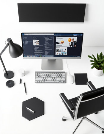 workplace with computer and devices on white background, 3d rendering