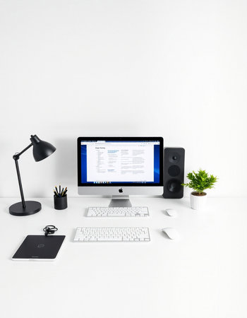 Workplace with computer, mouse, keyboard and mouse on white table