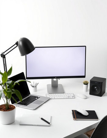 Modern workspace with computer, keyboard, mouse, notebook and other items. Mockup
