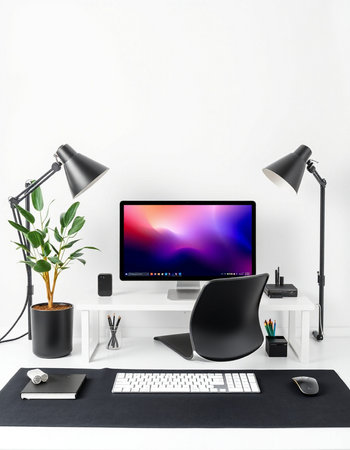 Modern workspace with computer monitor, keyboard, mouse, stationery, lamp and plant. 3D Rendering