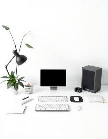Workplace with computer, keyboard, mouse, mouse, notebook and plant on white background