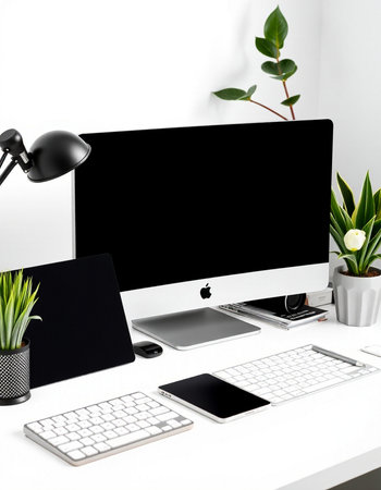 Modern workspace with computer, keyboard, mouse, tablet and plant. Mock up