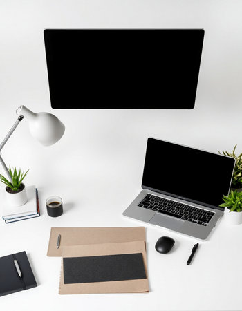 Modern workspace with blank computer screen, stationery and coffee cup on white background. Flat...