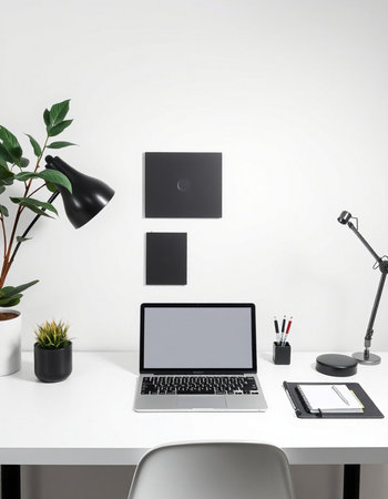 Workplace with blank screen laptop, stationery and potted plant. Mock up, 3D Rendering