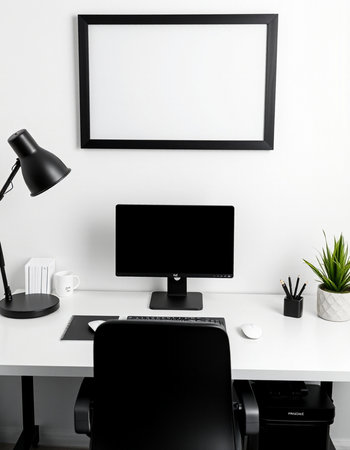 Interior of modern office with black mock up poster frame on wall