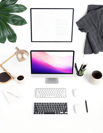 Modern workspace with computer, notebook, stationery and coffee cup. Flat lay, top view