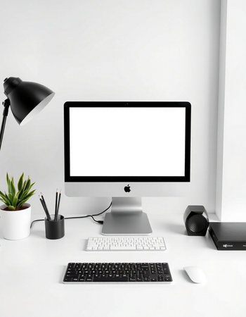 Modern workspace with computer, keyboard, mouse and coffee cup on white background