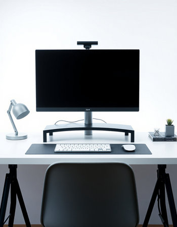 workplace with computer and black chair on white background, 3d render