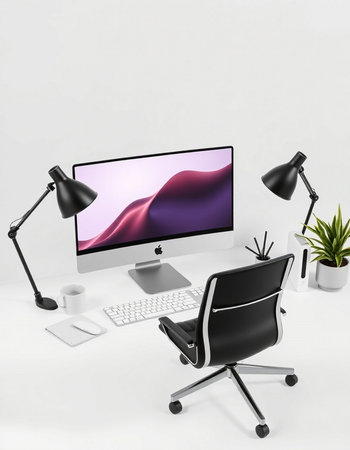 Modern workspace with computer, keyboard, mouse and lamp. 3d rendering.