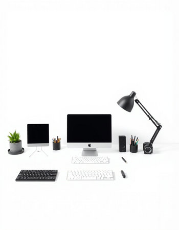 Modern workplace with computer, keyboard, mouse, lamp and stationery on white background