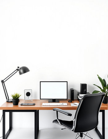Workplace with computer and equipment on white wall background. 3d rendering.