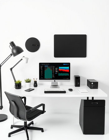 Modern office interior with computer and black chair. 3d rendering.