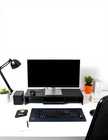 Office desk with computer and stationery on white background. 3d rendering.