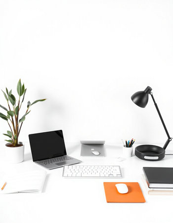 Modern workspace with laptop, stationery and plant on white wall background