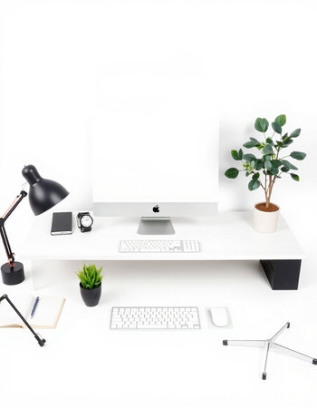 Modern workspace with computer, keyboard, mouse, notebook and plant on white background