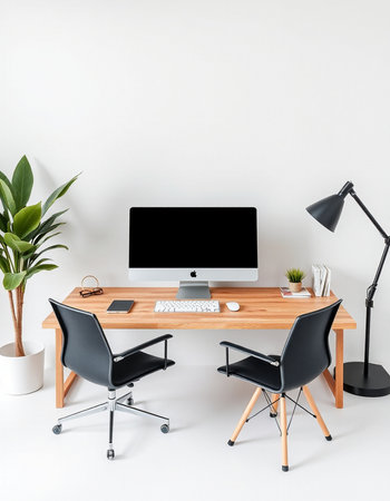 Front view of modern workplace with blank computer screen, chair and plant in pot. Mock up, 3D...
