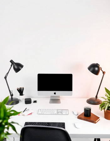 Workplace with computer, lamp and stationery. Workplace concept