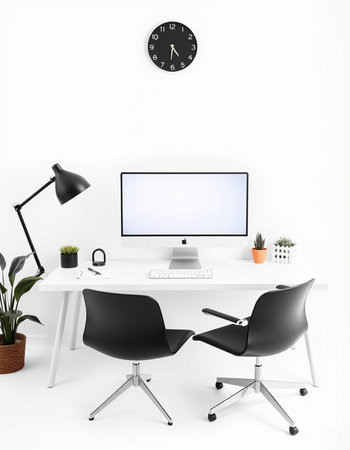 workplace with computer and chair on white wall, 3d renderの写真素材